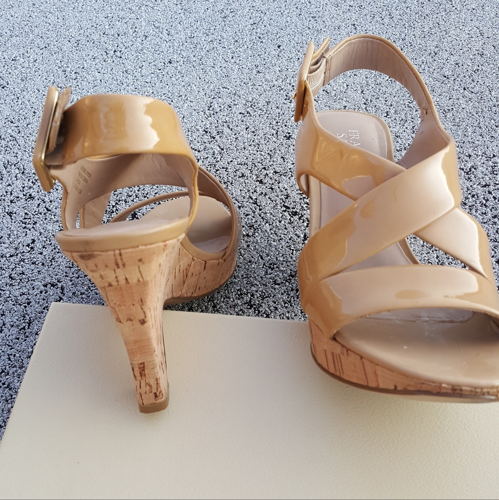 Franco Sarto Patent Leather and Cork Platform Sandals 6.5 M Tan